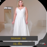 Final Sale trouwjurk 300 euro kanten top, prachtige rug versiering plussize bruid maat 52 online verkoop